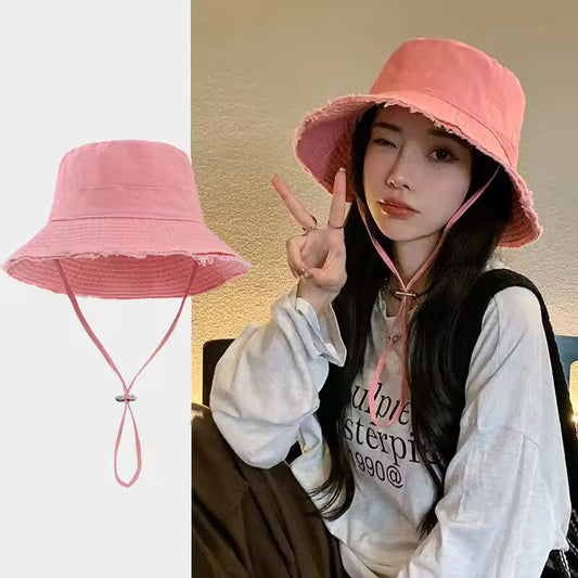 Summer Fisherman Cap for Women Korean Pink Large-Brimmed Bucket Hat Outdoor Beach Travel Sunshade Panama Hats